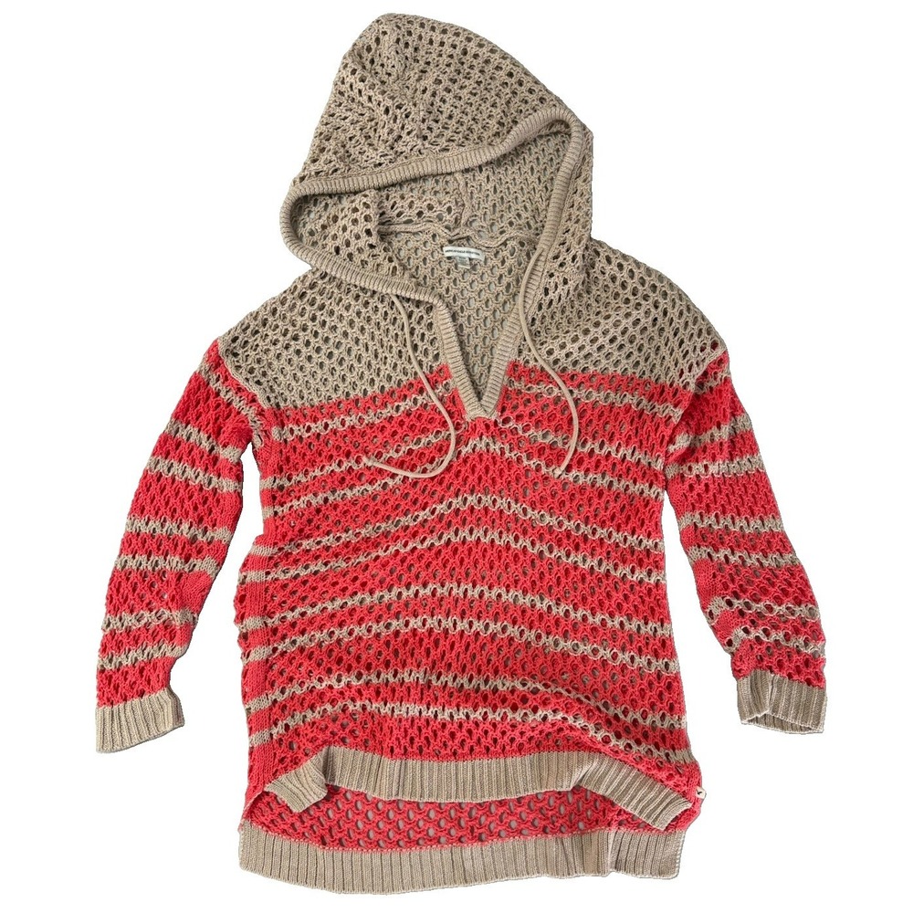 American Eagle Crochet Knit Hooded Sweater M Coral Beige Striped Beach Cover Up